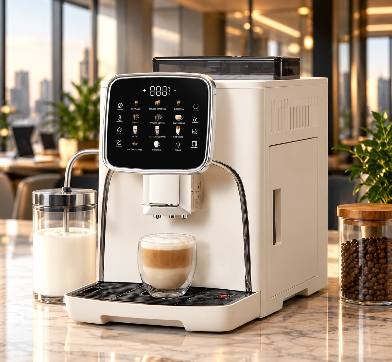 Visualizzazione illustrativa della macchina automatica La Coffenca in un moderno ufficio, con schermo touch, tazza di latte e piano in marmo.