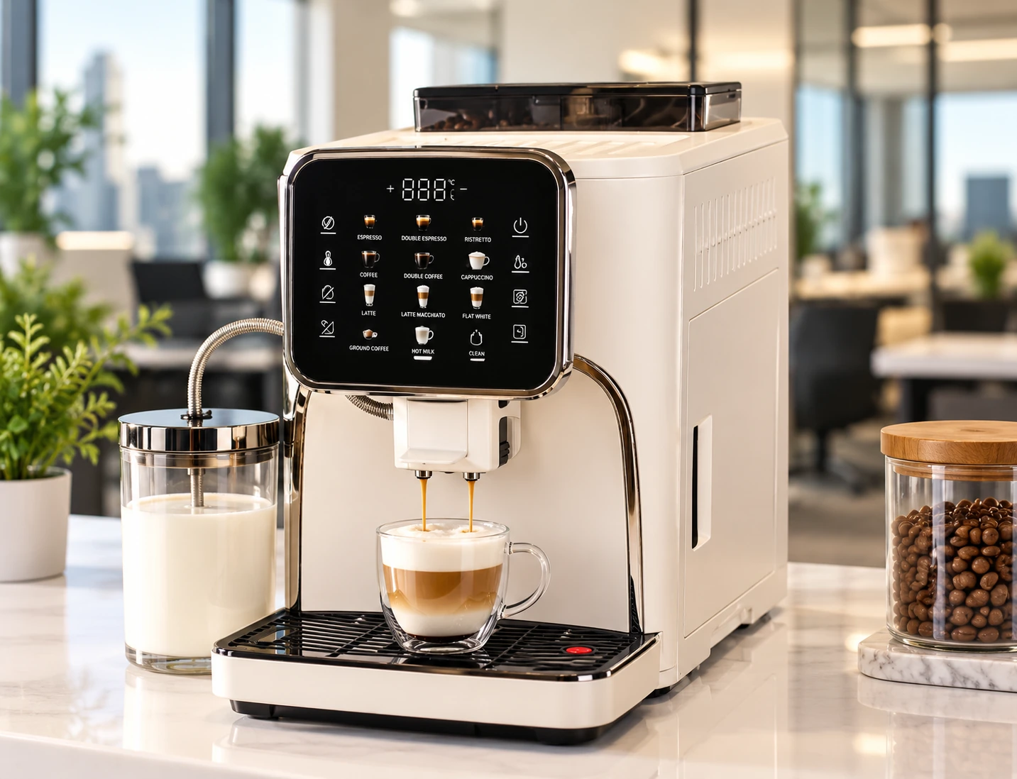 Illustrative La Coffenca automatic coffee machine in a bright corporate coffee corner with white marble counter